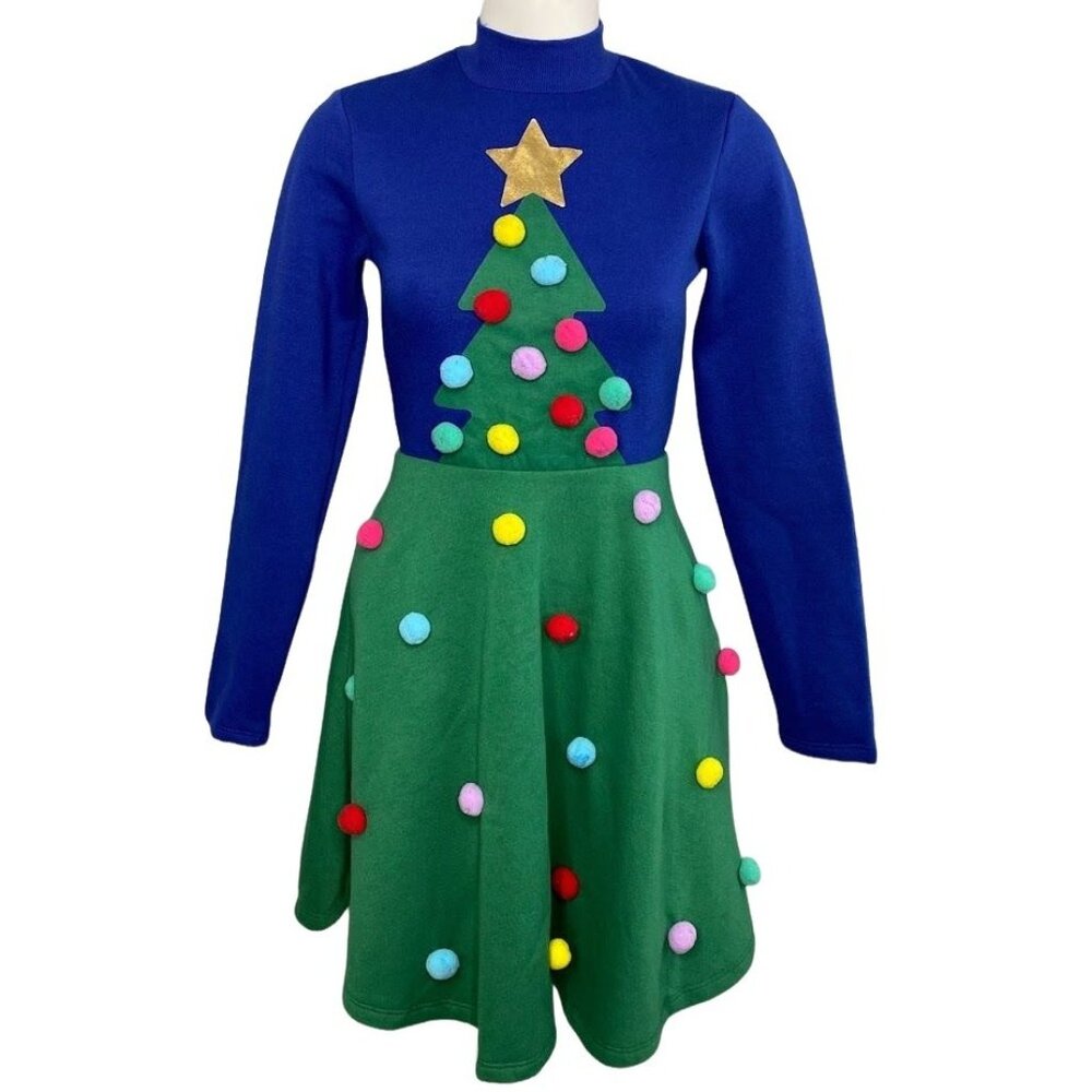 Mighty Fine Dress Women's MEDIUM Blue Green Cute‎ Tree Holiday Seasonal Pom-Pom